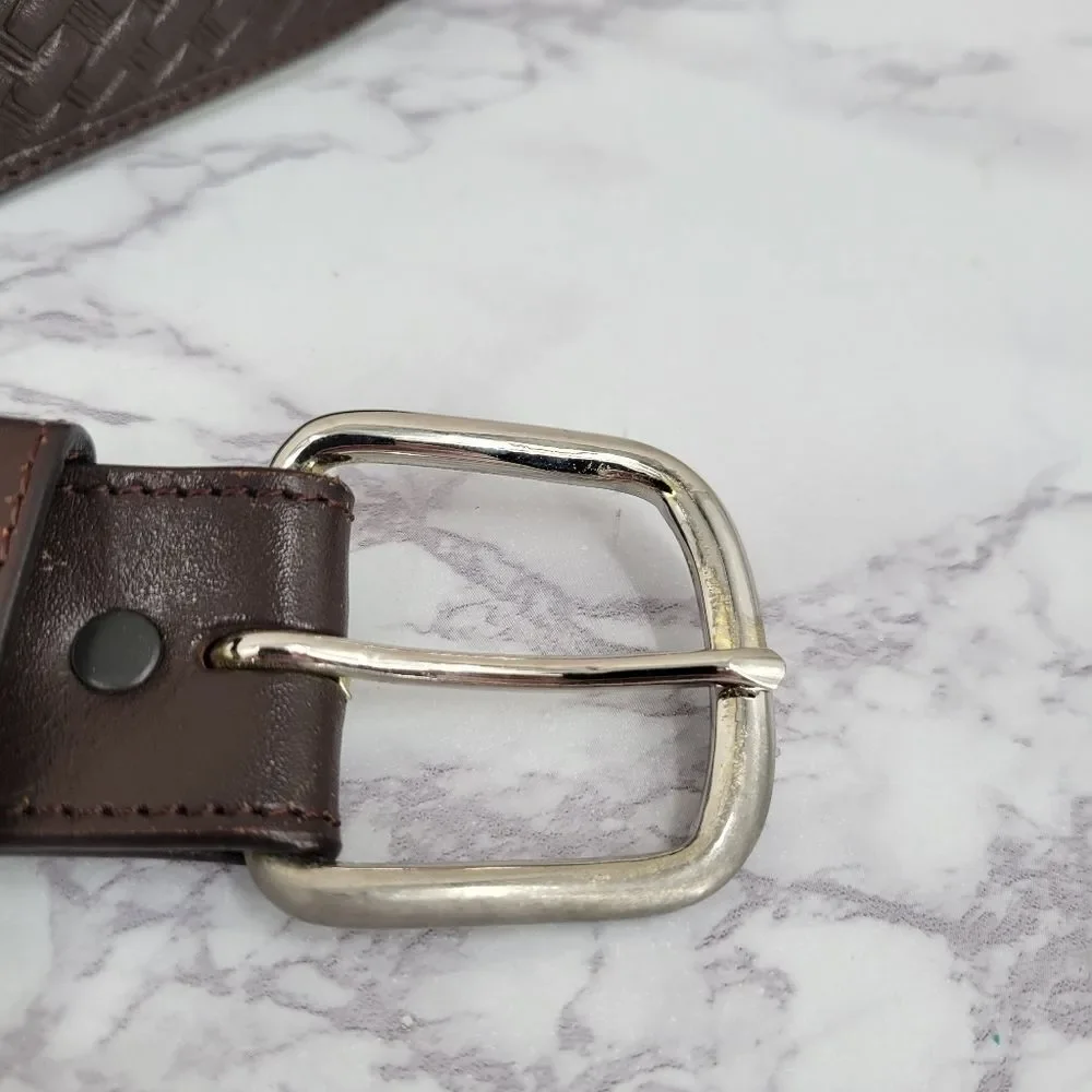 Brown Leather Belt for Men Basket Weave Embossed Design